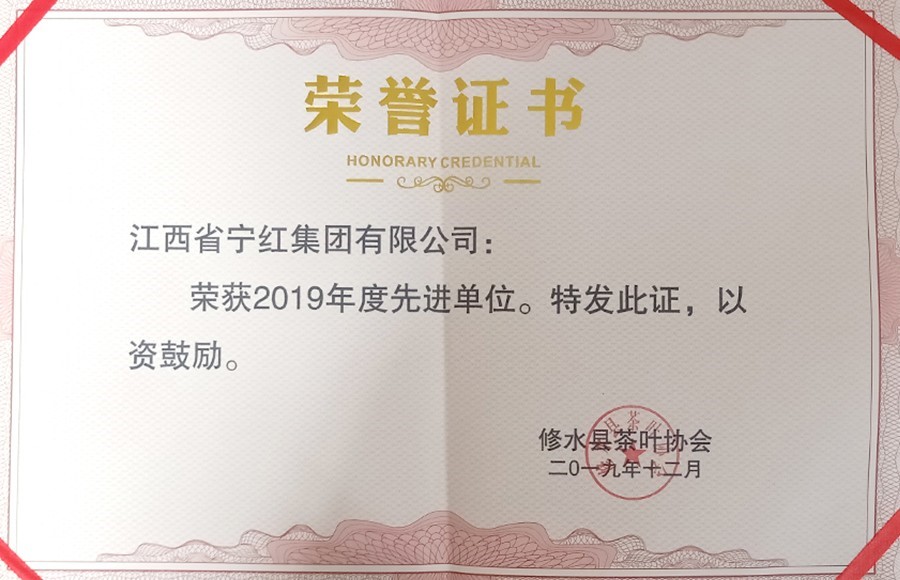 2019年先進單位證書